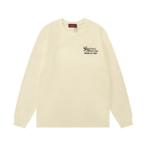 Gucci's accessible luxury style features high-density embroidered signature logo on long-sleeved T-shirts.